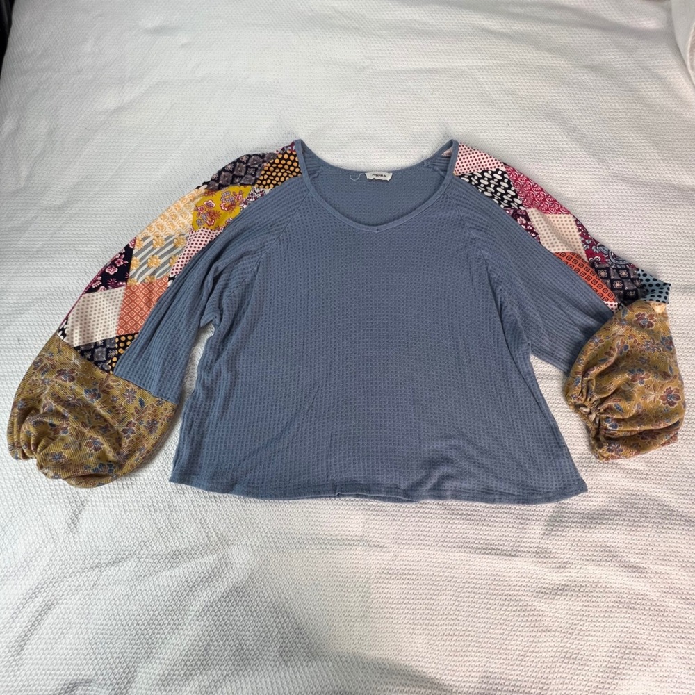 Adora Womens Blue Waffle Knit Patchwork Sleeve Boho V-Neck Top Large USA Made